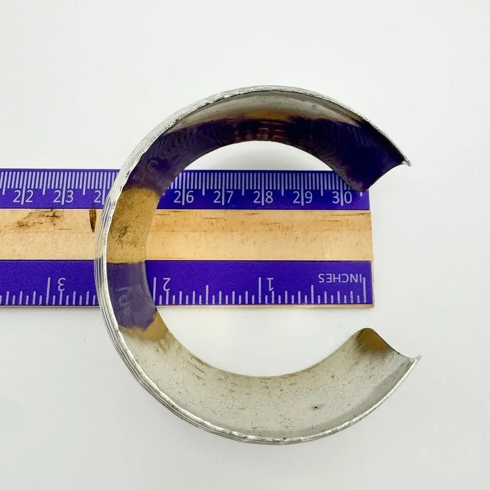 Vintage Silver Tone Textured Cuff Bracelet Bold Chunky Heroine Statement